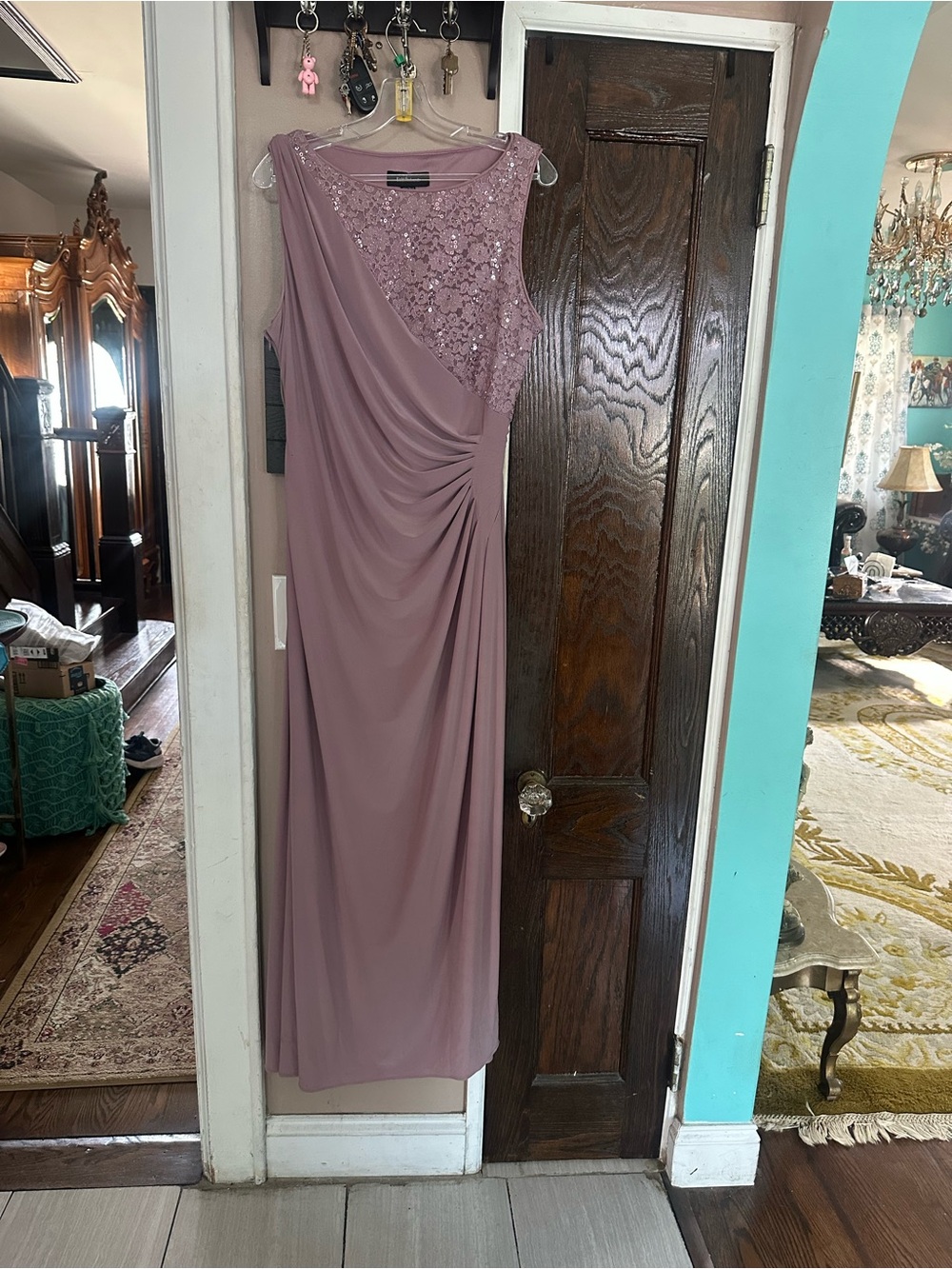 R&M Richards Dusty Mauve One-Shoulder Sequin Lace Maxi Dress